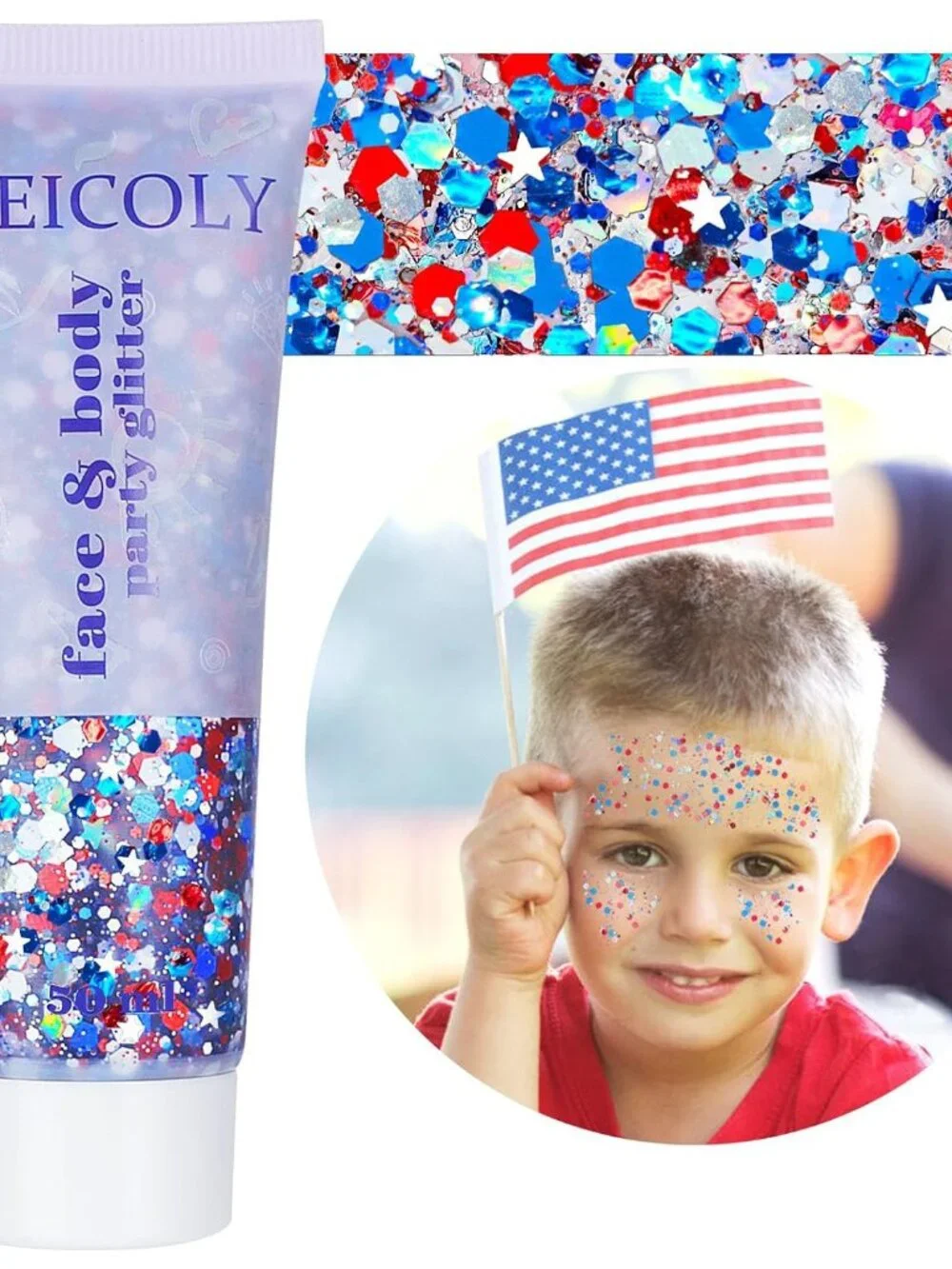 250th Red White and Blue Patriotic Face Glitter,Fourth of July Star Hair Glitter